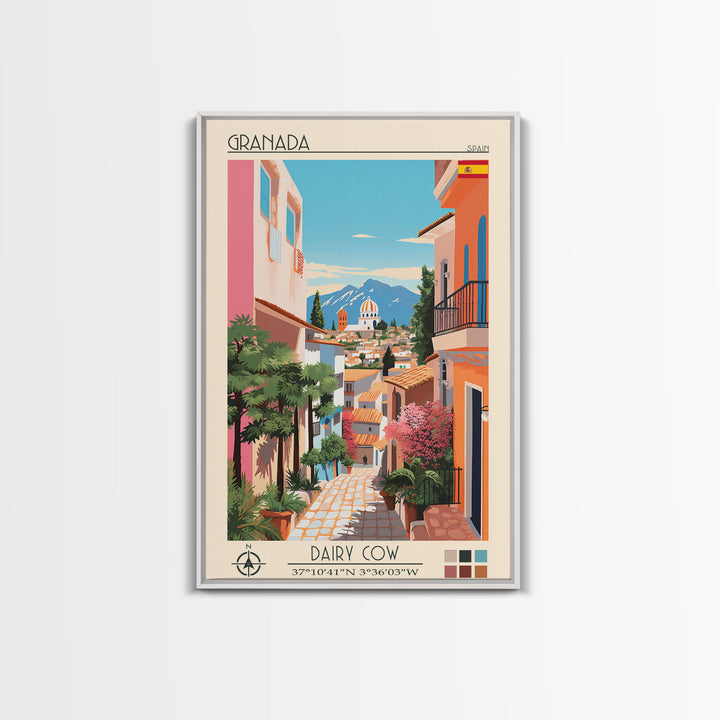 Granada Spain Travel Poster Framed Canvas Print, Midcentury Modern Art, Pop Art Wall Decor, Scenic Living Room Art, Bedroom Decor