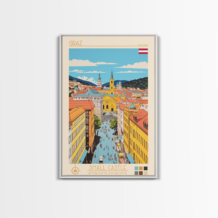 Graz Austria Travel Poster Framed Canvas Print, Vintage Style, Pop Art Home Decor, Scenic Wall Art, Bedroom Decoration, Office Gift