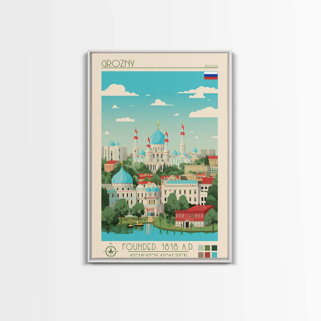 Grozny Russia Travel Poster Framed Canvas Print, Midcentury Modern Art, Pop Art Wall Decor, Scenic Wall Art, Living Room Decoration, Office Art