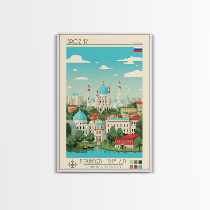 Grozny Russia Travel Poster Framed Canvas Print, Midcentury Modern Art, Pop Art Wall Decor, Scenic Wall Art, Living Room Decoration, Office Art