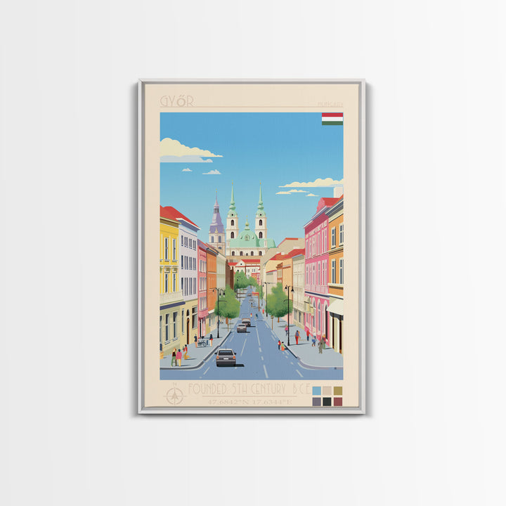 Győr Hungary Travel Poster Framed Canvas Print, Midcentury Modern Art, Pop Art Wall Decor, Scenic Wall Art, Living Room Decoration, Office Gift