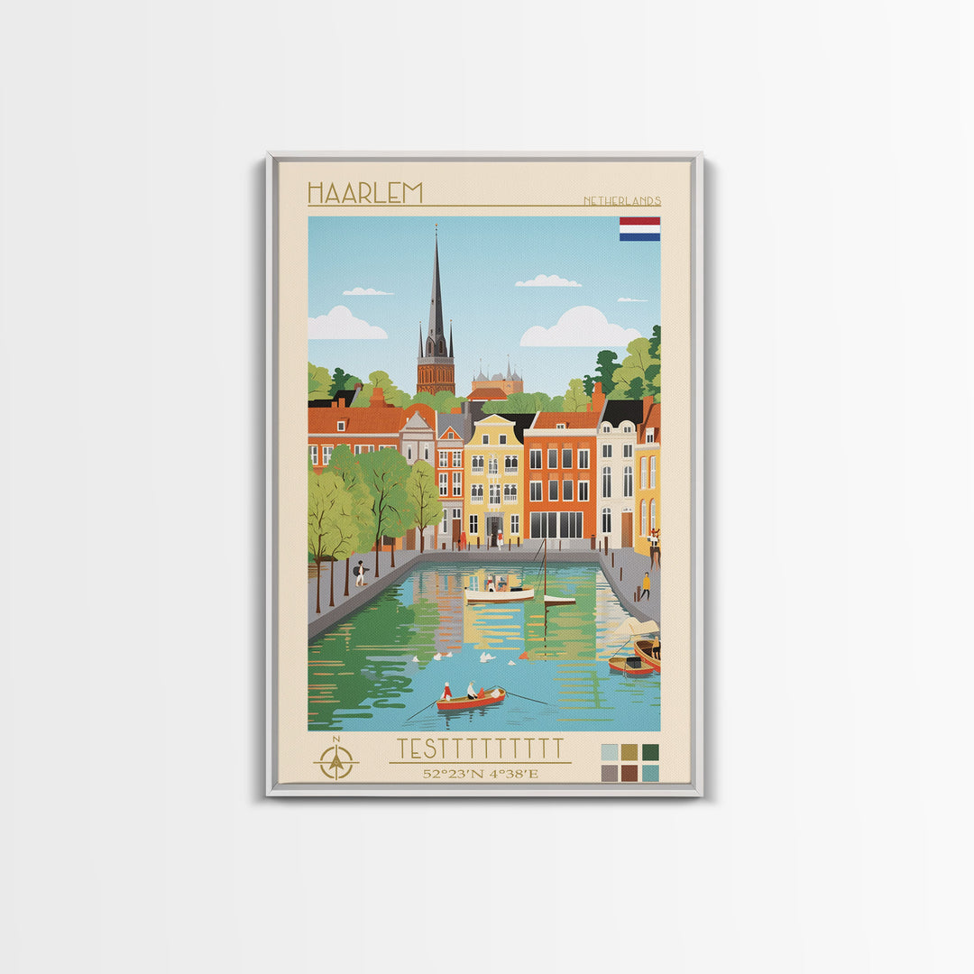 Haarlem Netherlands Travel Poster Framed Canvas Print, Midcentury Modern Art, Pop Art Wall Decor, Scenic Bedroom Art, Office Decoration