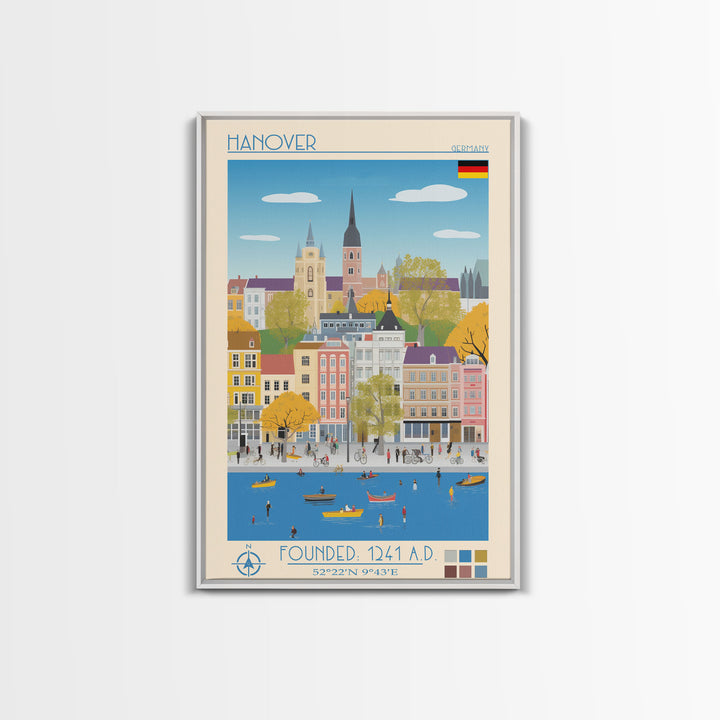 Hanover Germany Travel Poster Framed Canvas Print, Midcentury Modern Art, Pop Art Wall Decor, Scenic Wall Art, Living Room Decoration, Office Art