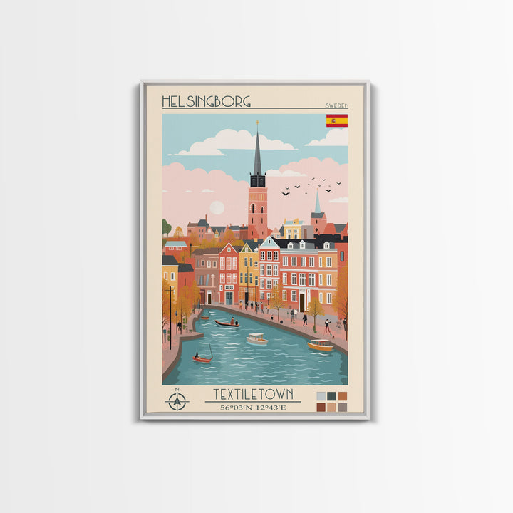 Helsingborg Sweden Travel Poster Framed Canvas Print, Midcentury Modern Art, Pop Art Wall Decor, Scenic Wall Art, Bedroom Decoration, Office Art