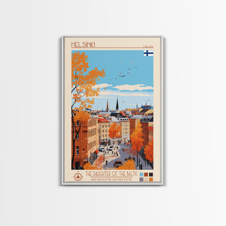 Helsinki Finland Travel Poster Framed Canvas Print, Midcentury Modern Art, Pop Art Wall Decor, Scenic Bedroom Art, Office Decoration
