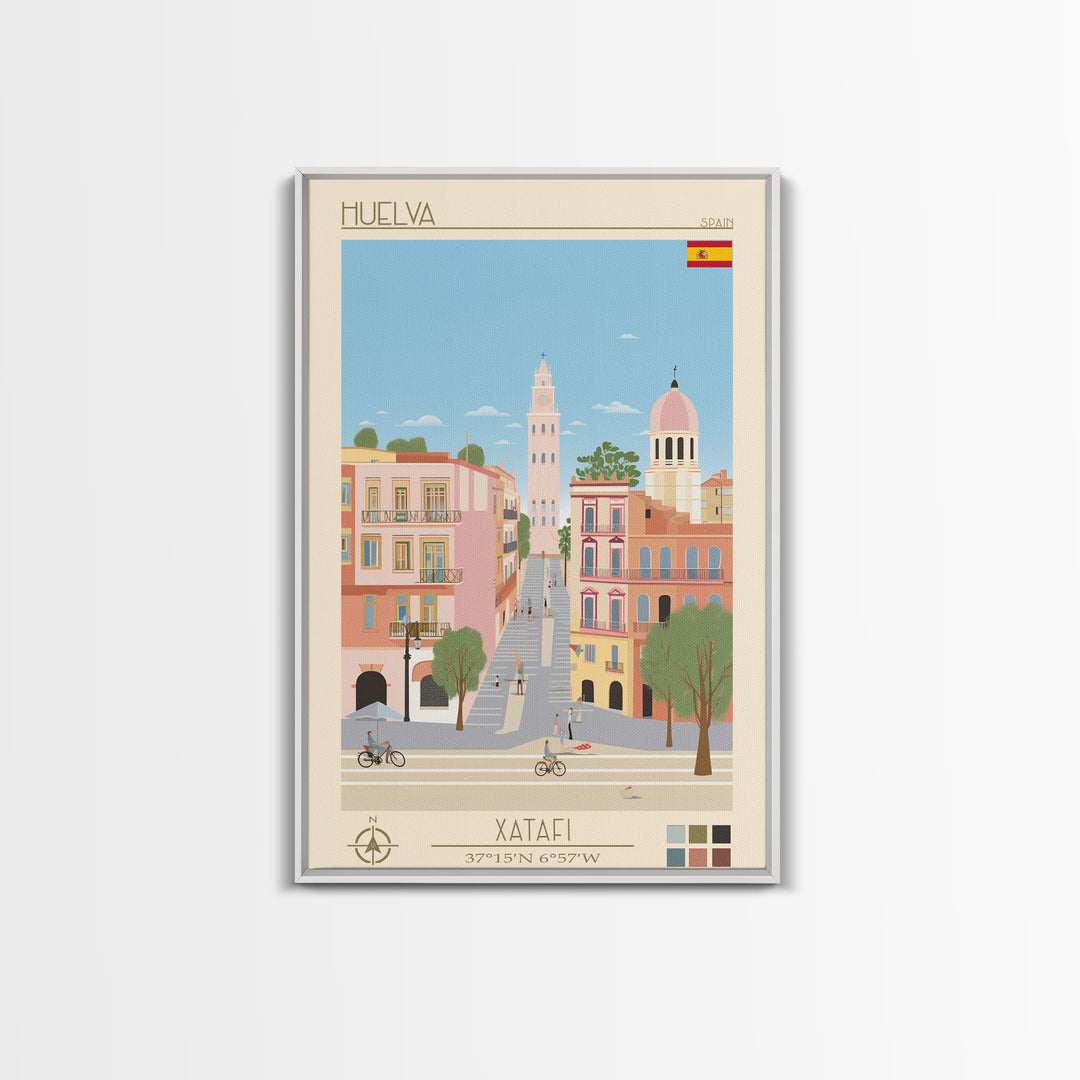 Huelva Spain Travel Poster Framed Canvas Print, Midcentury Modern Art, Pop Art Wall Decor, Scenic Wall Art, Living Room Decoration, Office Art