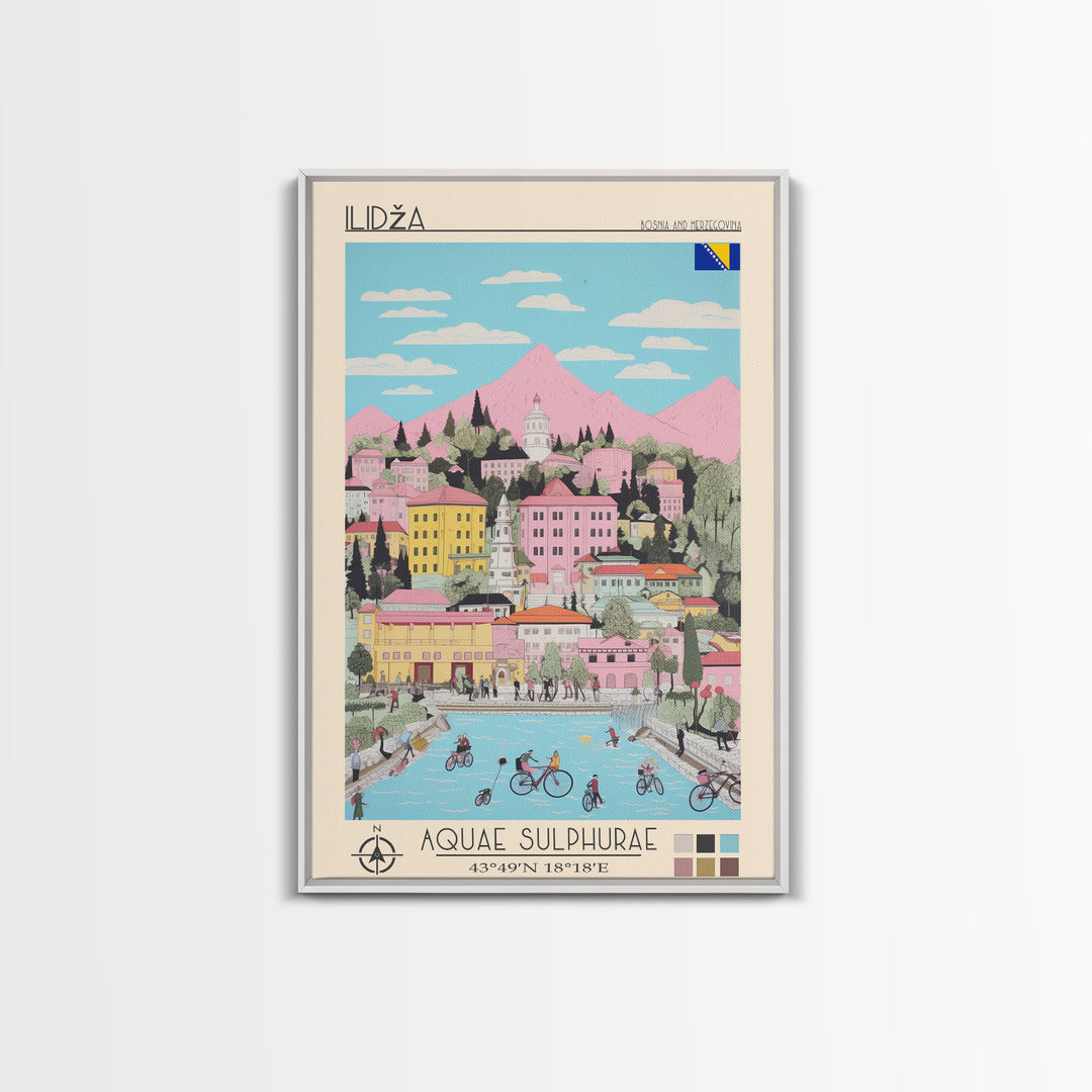 Ilidža Bosnia and Herzegovina Travel Poster Framed Canvas Print, Midcentury Modern Art, Pop Art Wall Decor, Scenic Wall Art, Bedroom Decoration
