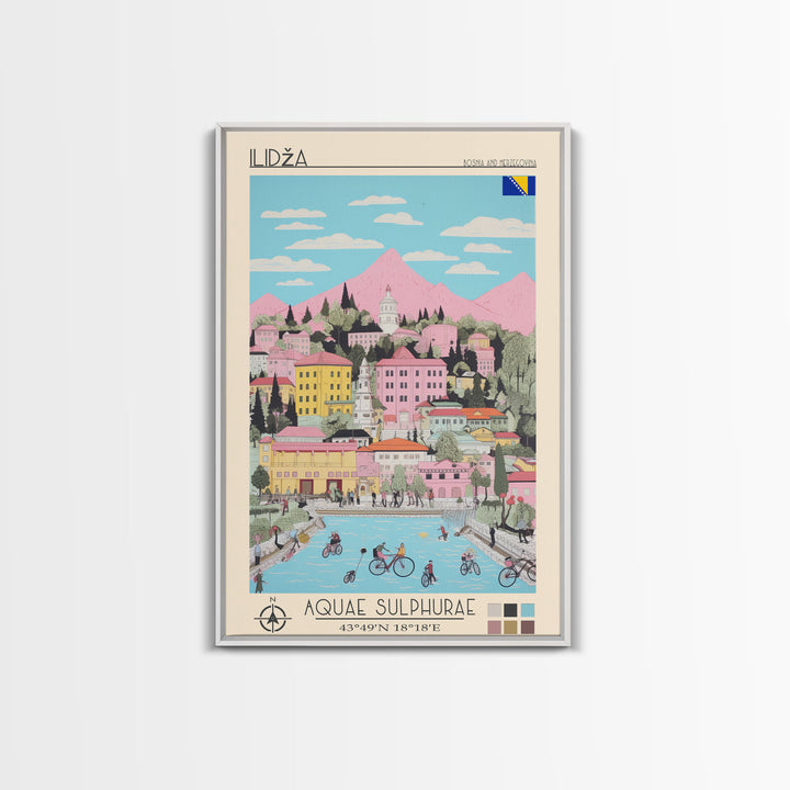 Ilidža Bosnia and Herzegovina Travel Poster Framed Canvas Print, Midcentury Modern Art, Pop Art Wall Decor, Scenic Wall Art, Bedroom Decoration