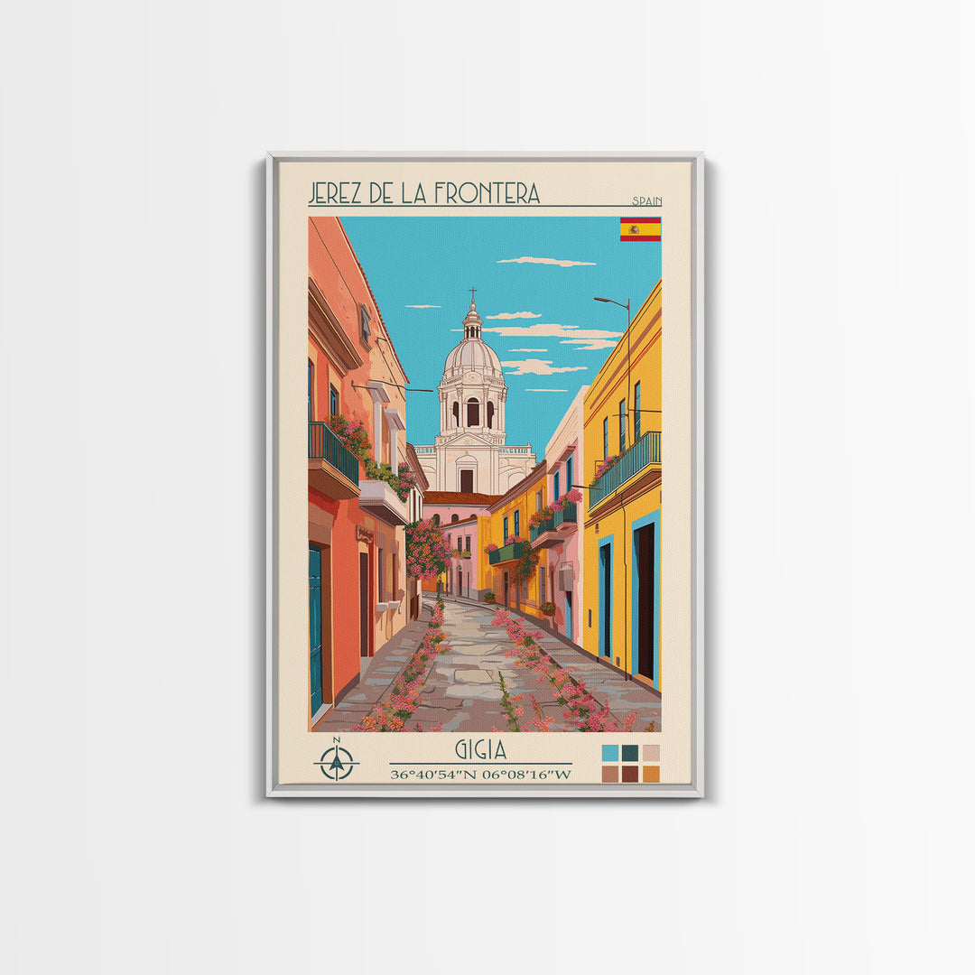 Jerez de la Frontera Spain Travel Poster Framed Canvas Print, Midcentury Modern Art, Pop Art Wall Decor, Scenic Bedroom Art, Office Decoration