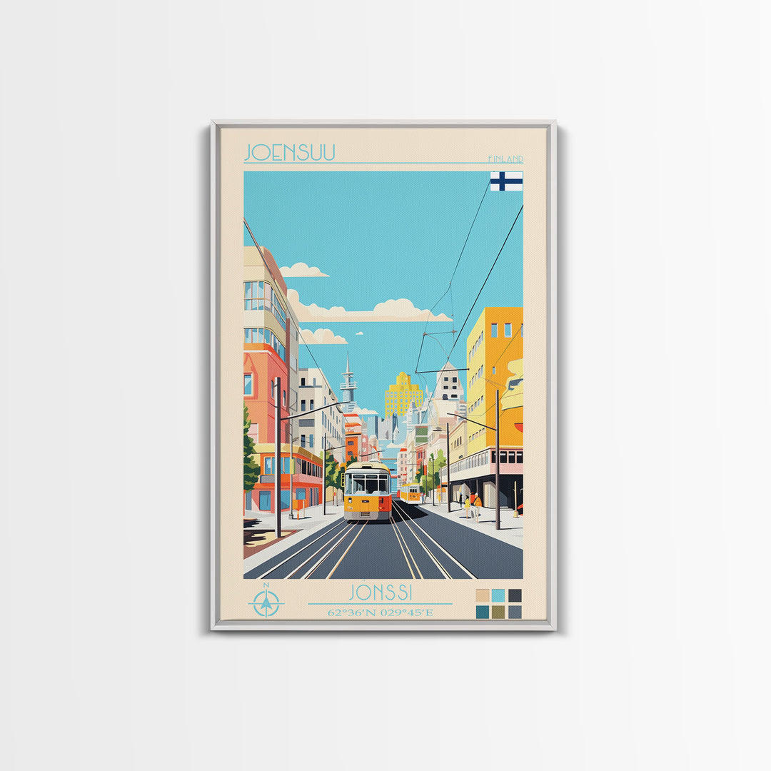 Joensuu Finland Travel Poster Framed Canvas Print, Midcentury Modern Art, Pop Art Wall Decor, Scenic Living Room Art, Bedroom Decor