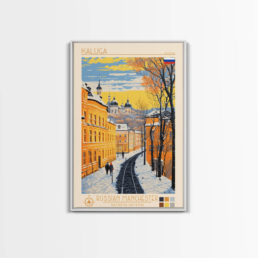 Kaluga Russia Travel Poster Framed Canvas Print, Midcentury Modern Art, Pop Art Wall Decor, Scenic Wall Art, Bedroom Decoration
