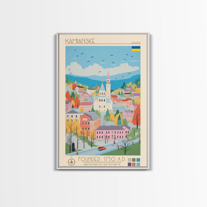 Kamianske Ukraine Travel Poster Framed Canvas Print, Midcentury Modern Art, Pop Art Wall Decor, Scenic Wall Art, Living Room Decoration, Office Art