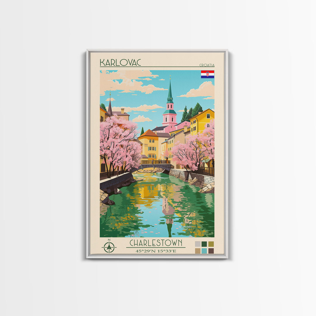 Karlovac Croatia Travel Poster Framed Canvas Print, Midcentury Modern Art, Pop Art Wall Decor, Scenic Living Room Art, Bedroom Decor