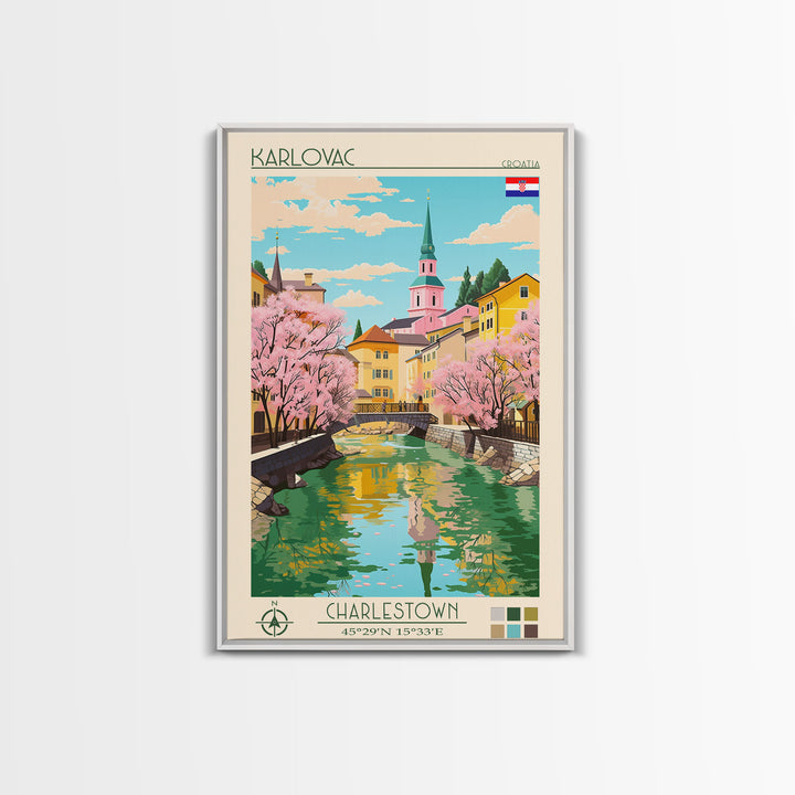 Karlovac Croatia Travel Poster Framed Canvas Print, Midcentury Modern Art, Pop Art Wall Decor, Scenic Living Room Art, Bedroom Decor