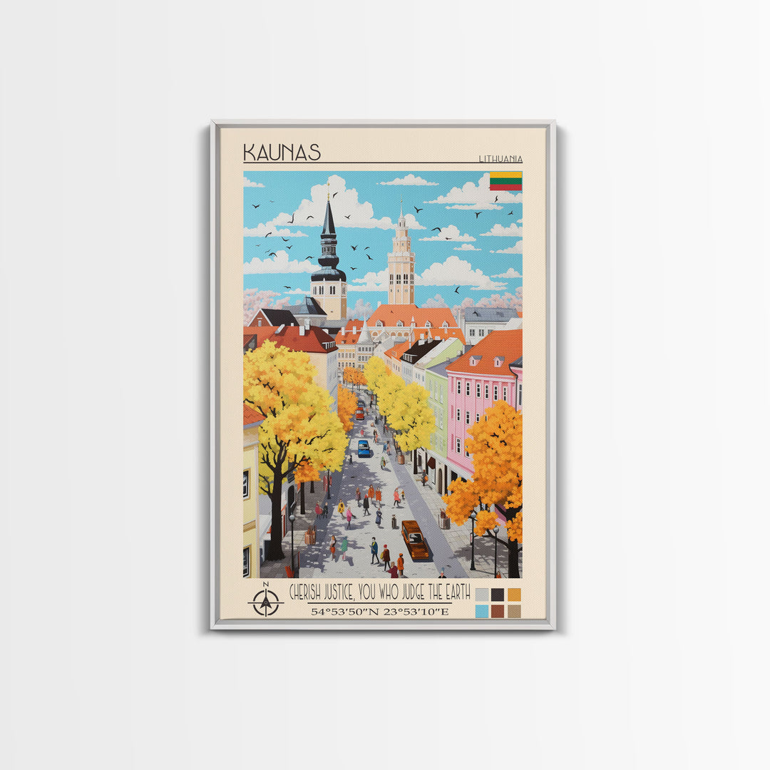 Kaunas Lithuania Travel Poster Framed Canvas Print, Midcentury Modern Art, Pop Art Wall Decor, Scenic Living Room Art, Bedroom Gift