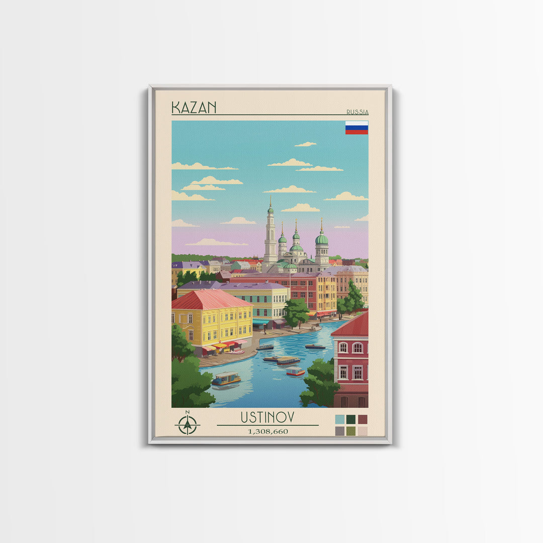 Kazan Russia Travel Poster Framed Canvas Print, Midcentury Modern Art, Pop Art Wall Decor, Scenic Bedroom Art, Office Decoration