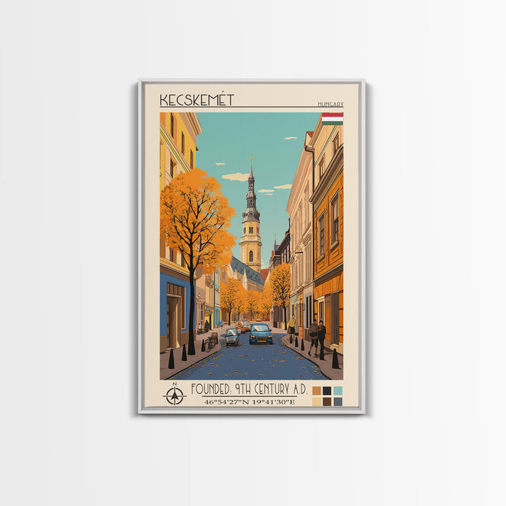 Kecskemét Hungary Travel Poster Framed Canvas Print, Midcentury Modern Art, Pop Art Wall Decor, Scenic Living Room Art, Bedroom Decor