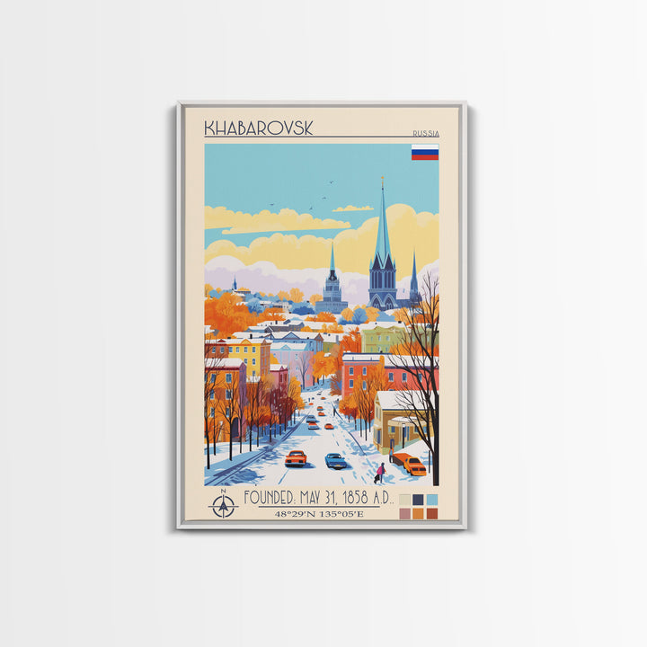 Khabarovsk Russia Travel Poster Framed Canvas Print, Midcentury Modern Art, Pop Art Wall Decor, Home Decor, Vacation Gift, Office Art