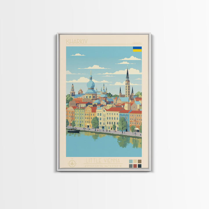 Kharkiv Ukraine Travel Poster Framed Canvas Print, Midcentury Modern Art, Pop Art Wall Decor, Scenic Living Room Art, Bedroom Gift