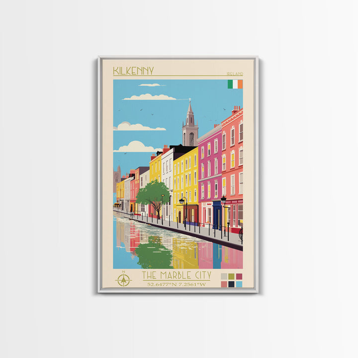 Kilkenny Ireland Travel Poster Framed Canvas Print, Midcentury Modern Art, Pop Art Wall Decor, Scenic Bedroom Art, Office Decoration