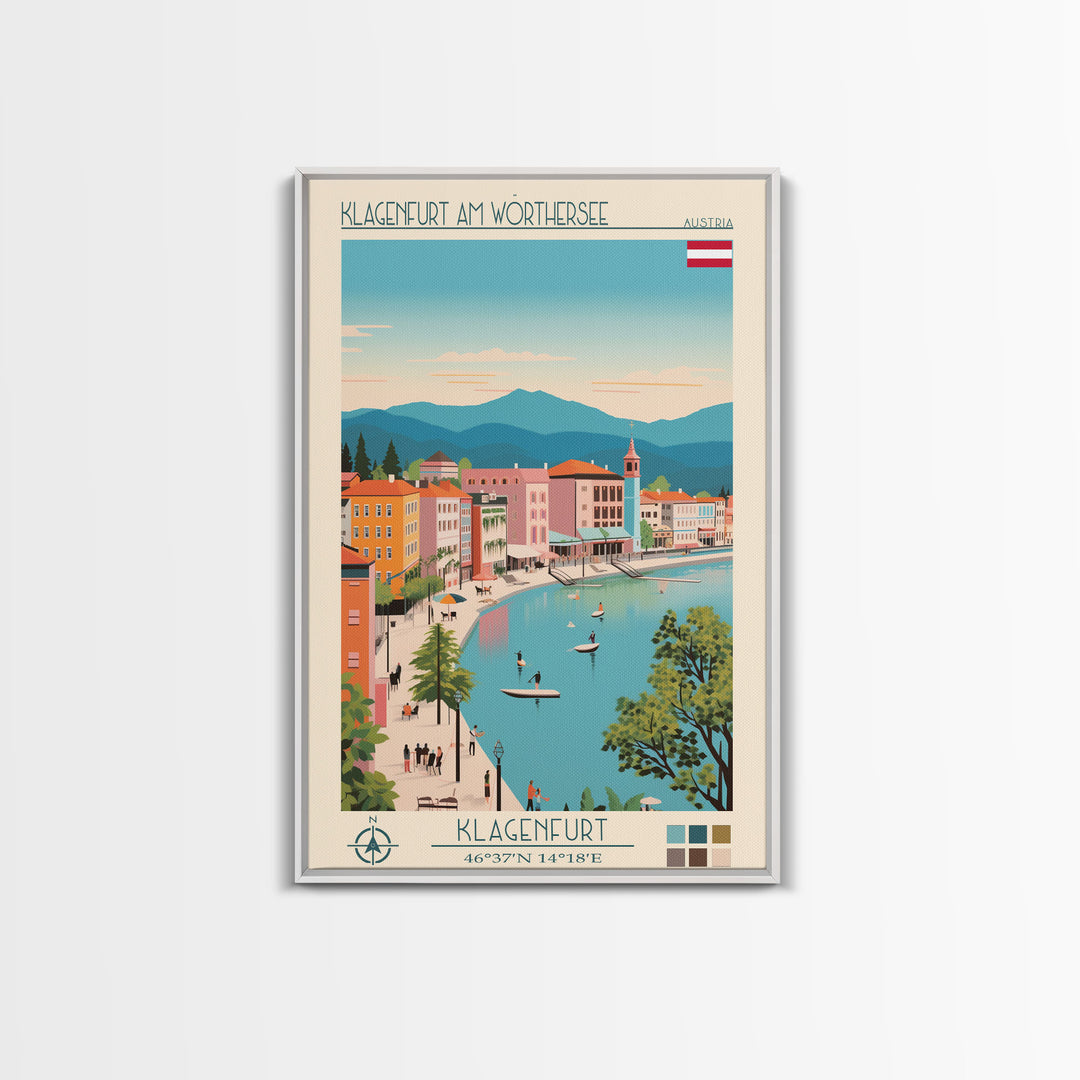 Klagenfurt am Wörthersee Austria Travel Poster Framed Canvas Print, Vintage Style, Pop Art Home Decor, Scenic Wall Art, Bedroom Decoration, Office Gift