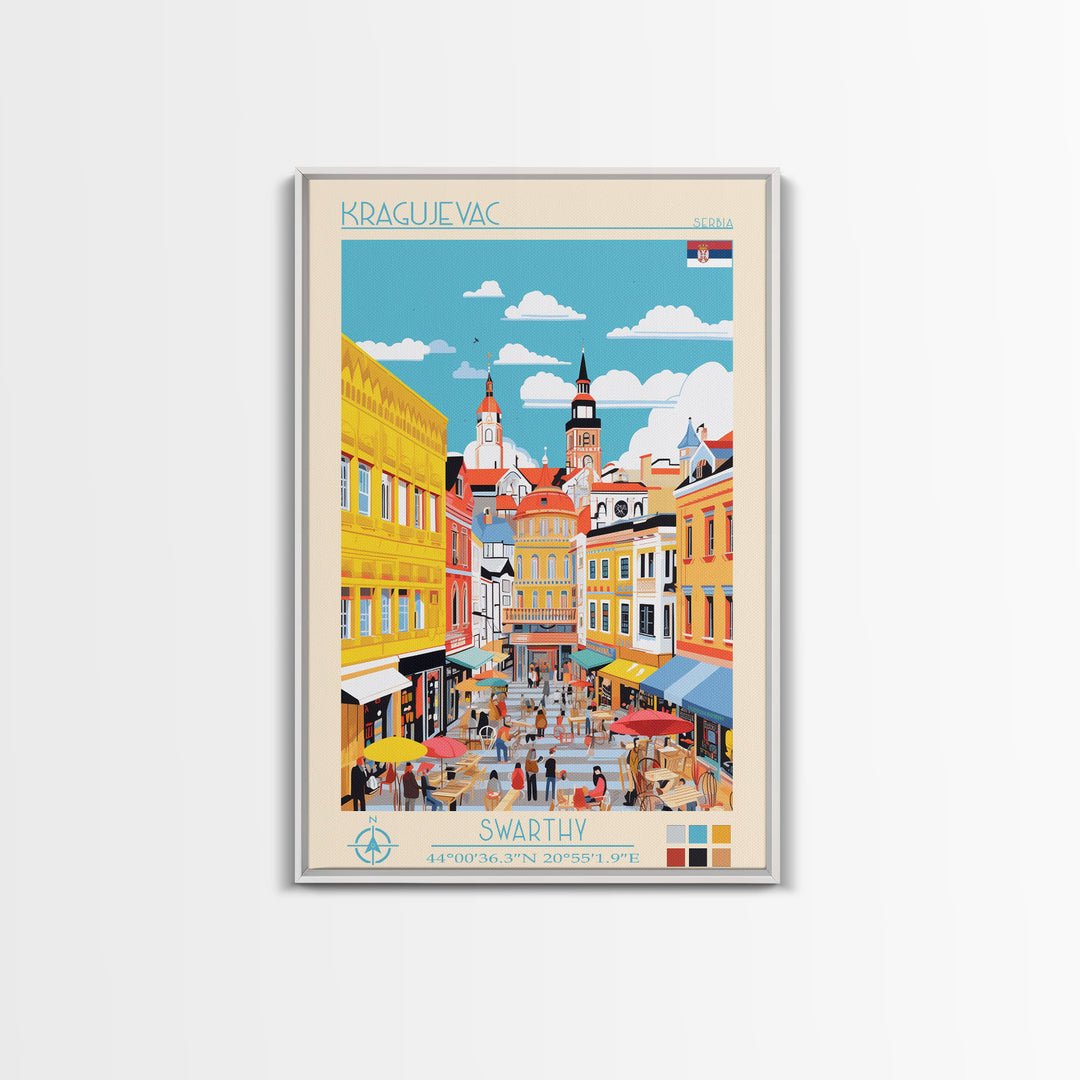 Kragujevac Serbia Travel Poster Framed Canvas Print, Midcentury Modern Art, Pop Art Wall Decor, Scenic Wall Art, Living Room Decoration, Office Art
