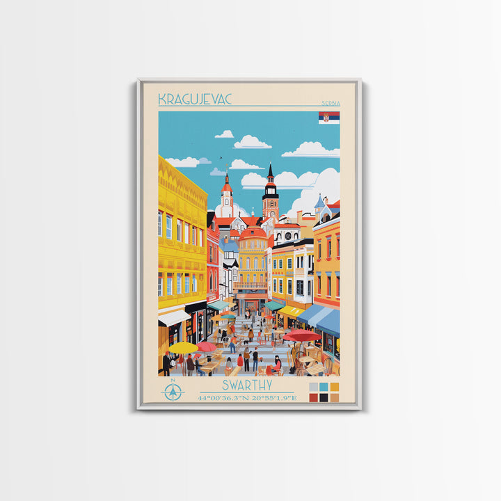 Kragujevac Serbia Travel Poster Framed Canvas Print, Midcentury Modern Art, Pop Art Wall Decor, Scenic Wall Art, Living Room Decoration, Office Art