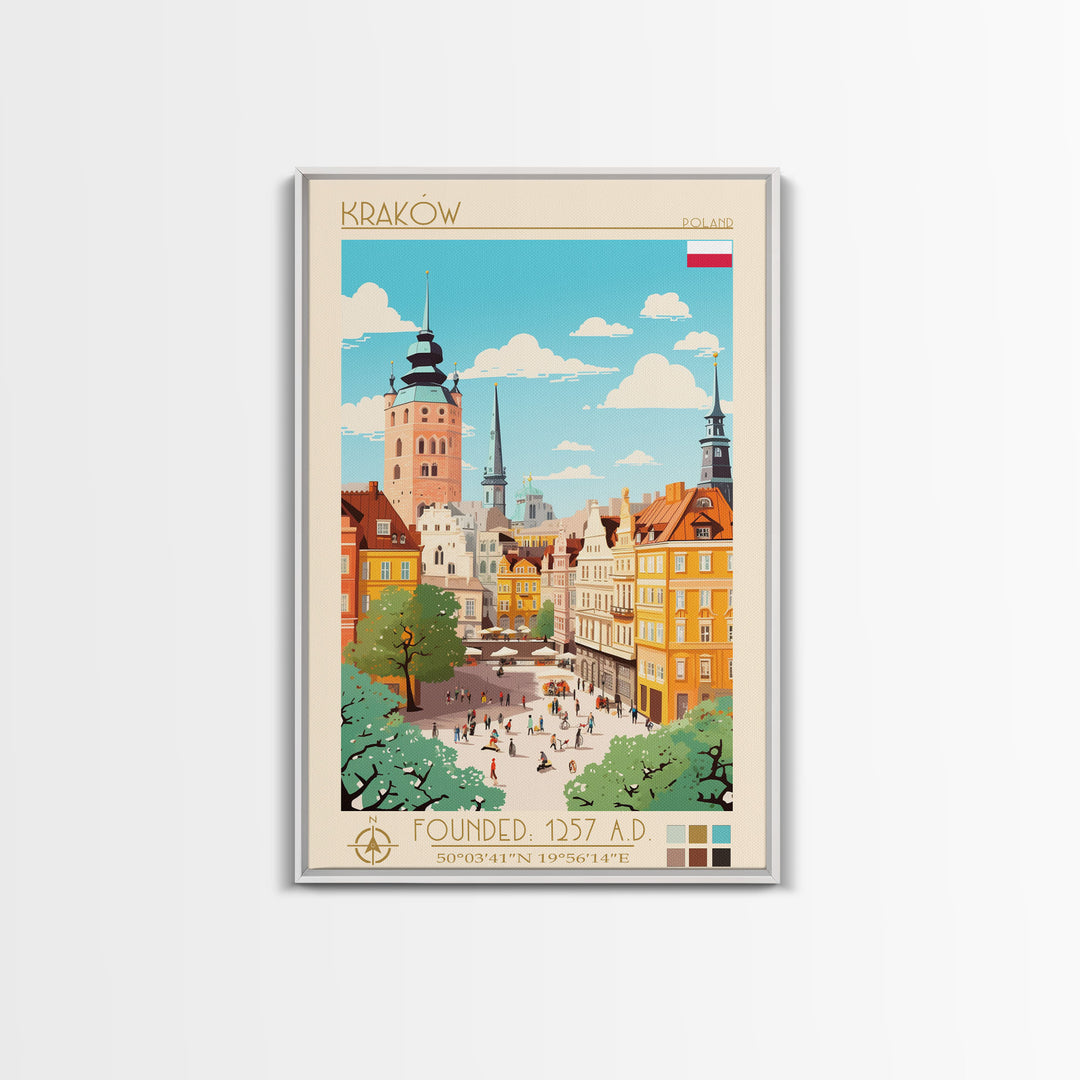 Kraków Poland Travel Poster Framed Canvas Print, Midcentury Modern Art, Pop Art Wall Decor, Home Decor, Vacation Gift, Bedroom Art