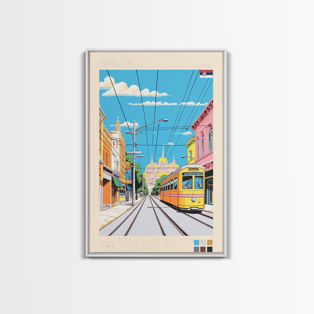 Kraljevo Serbia Travel Poster Framed Canvas Print, Midcentury Modern Art, Pop Art Wall Decor, Scenic Wall Art, Living Room Decoration, Office Gift