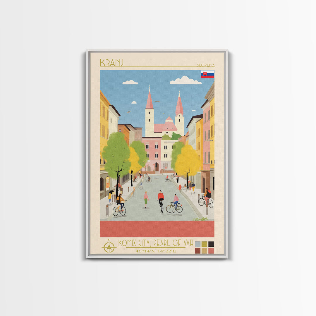 Kranj Slovenia Travel Poster Framed Canvas Print, Midcentury Modern Art, Pop Art Wall Decor, Scenic Wall Art, Bedroom Decoration