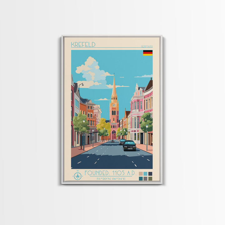 Krefeld Germany Travel Poster Framed Canvas Print, Midcentury Modern Art, Pop Art Wall Decor, Scenic Living Room Art, Bedroom Decor