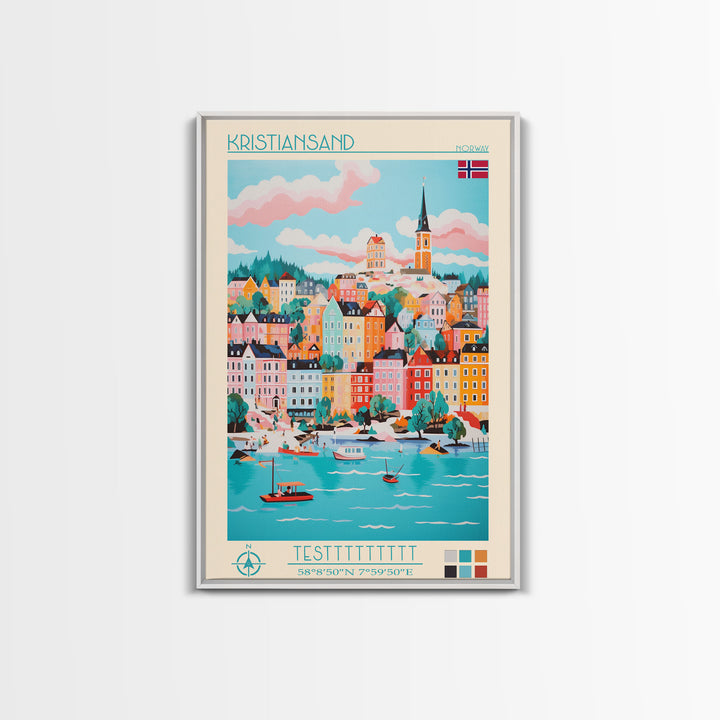 Kristiansand Norway Travel Poster Framed Canvas Print, Vintage Style, Pop Art Home Decor, Scenic Wall Art, Bedroom Decoration, Office Gift