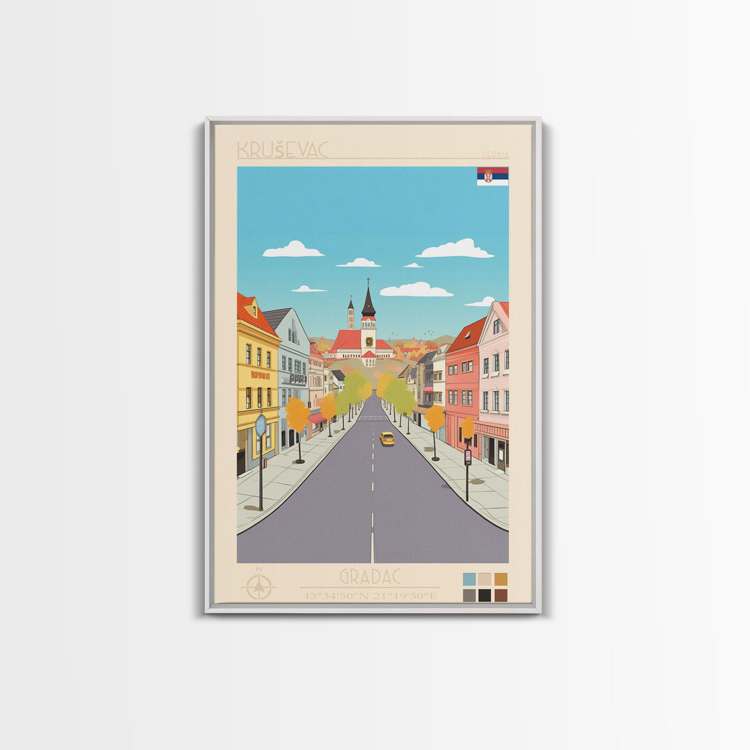 Kruševac Serbia Travel Poster Framed Canvas Print, Midcentury Modern Art, Pop Art Wall Decor, Scenic Living Room Art, Bedroom Gift