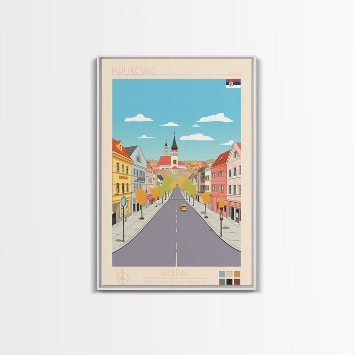 Kruševac Serbia Travel Poster Framed Canvas Print, Midcentury Modern Art, Pop Art Wall Decor, Scenic Living Room Art, Bedroom Gift