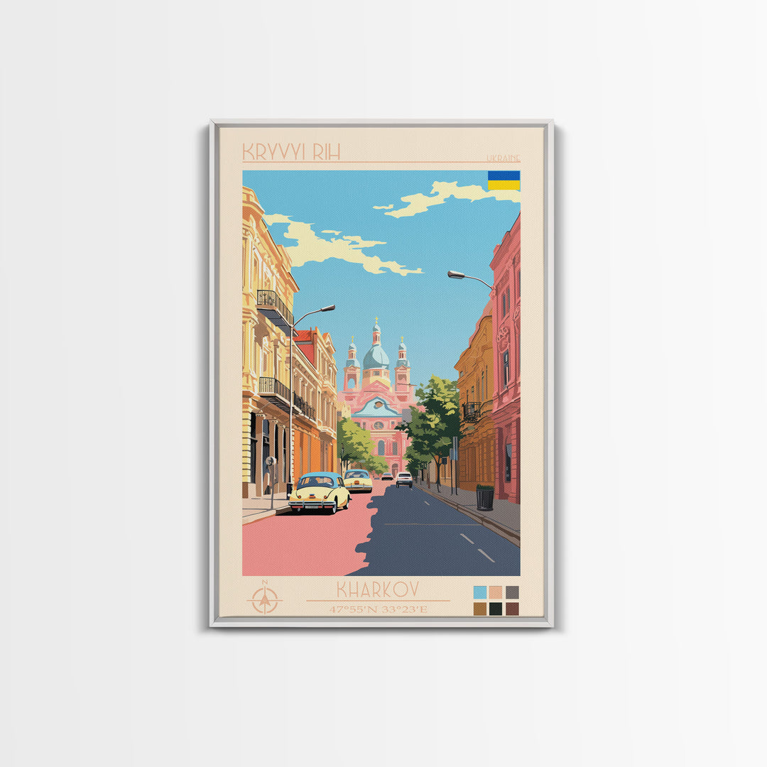 Kryvyi Rih Ukraine Travel Poster Framed Canvas Print, Midcentury Modern Art, Pop Art Wall Decor, Scenic Wall Art, Living Room Decoration, Office Art