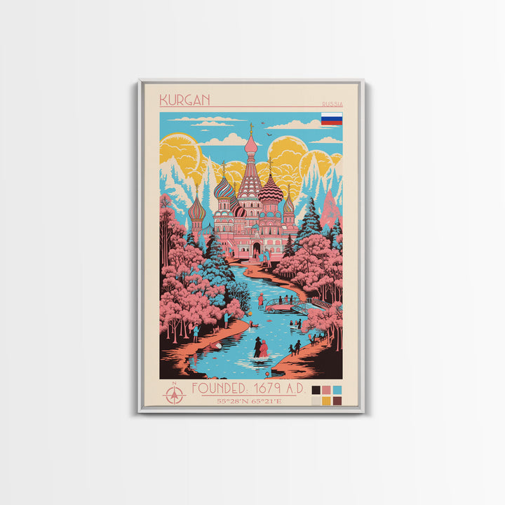 Kurgan Russia Travel Poster Framed Canvas Print, Midcentury Modern Art, Pop Art Wall Decor, Scenic Wall Art, Living Room Decoration, Office Gift