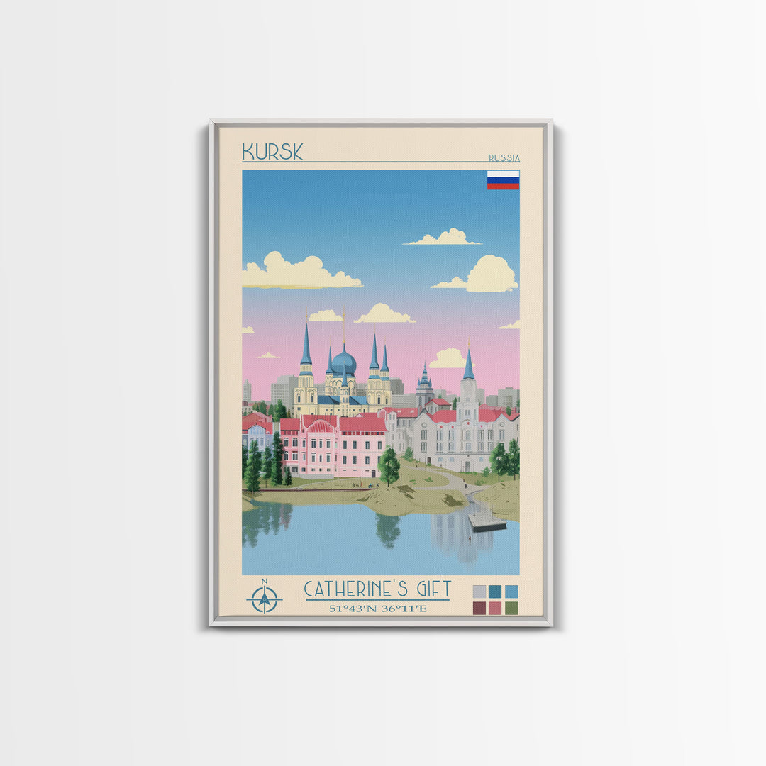 Kursk Russia Travel Poster Framed Canvas Print, Midcentury Modern Art, Pop Art Wall Decor, Scenic Bedroom Art, Office Decoration