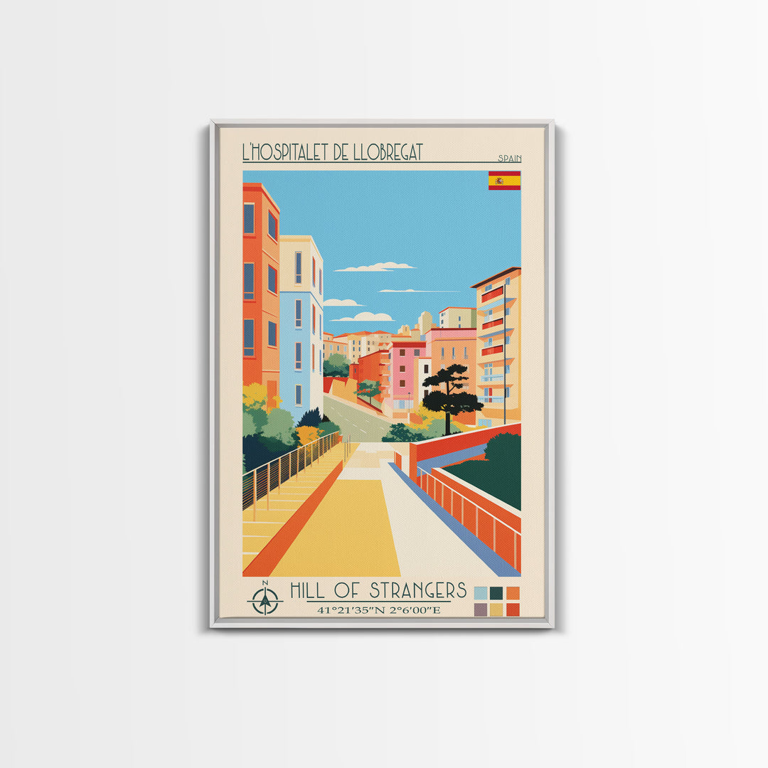 L'Hospitalet de Llobregat Spain Travel Poster Framed Canvas Print, Midcentury Modern Art, Pop Art Wall Decor, Home Decor, Vacation Gift, Office Art