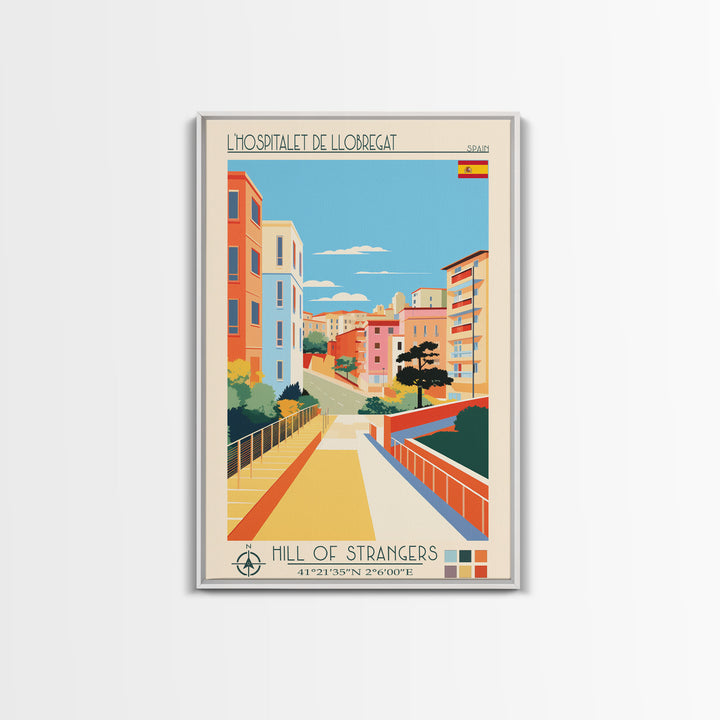 L'Hospitalet de Llobregat Spain Travel Poster Framed Canvas Print, Midcentury Modern Art, Pop Art Wall Decor, Home Decor, Vacation Gift, Office Art