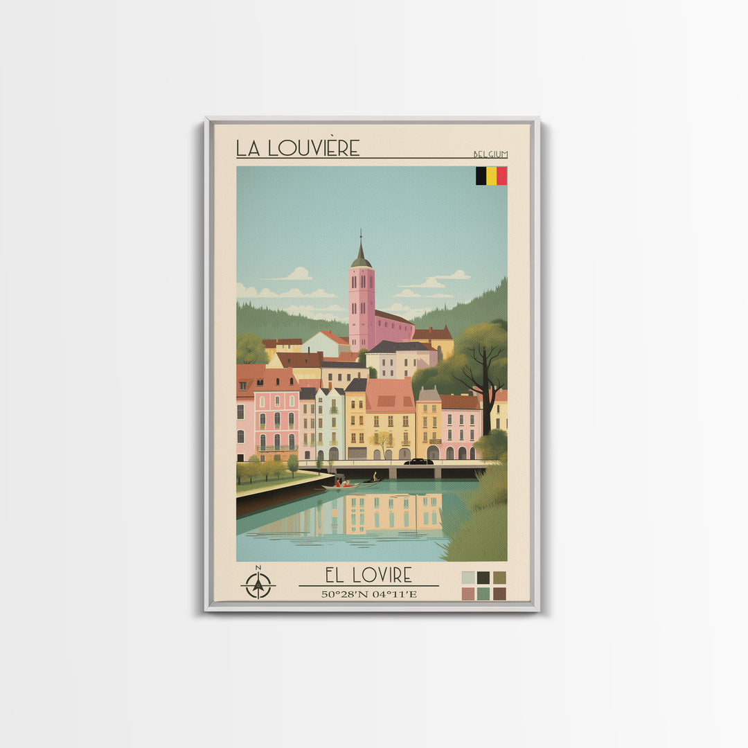 La Louvière Belgium Travel Poster Framed Canvas Print, Midcentury Modern Art, Pop Art Wall Decor, Scenic Living Room Art, Bedroom Gift