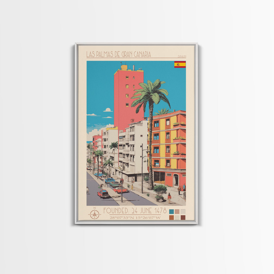 Las Palmas de Gran Canaria Spain Travel Poster Framed Canvas Print, Midcentury Modern Art, Pop Art Wall Decor, Scenic Wall Art, Bedroom Decoration