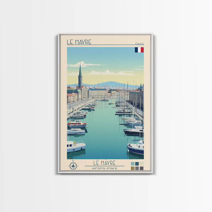 Le Havre France Travel Poster Framed Canvas Print, Midcentury Modern Art, Pop Art Wall Decor, Scenic Bedroom Art, Office Decoration