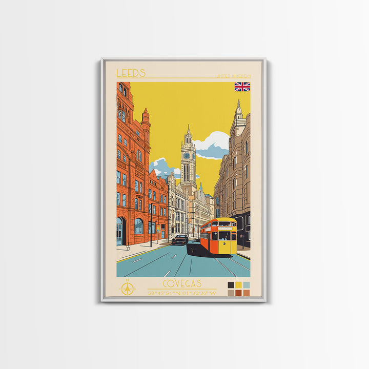 Leeds United Kingdom Travel Poster Framed Canvas Print, Midcentury Modern Art, Pop Art Wall Decor, Scenic Living Room Art, Bedroom Decor
