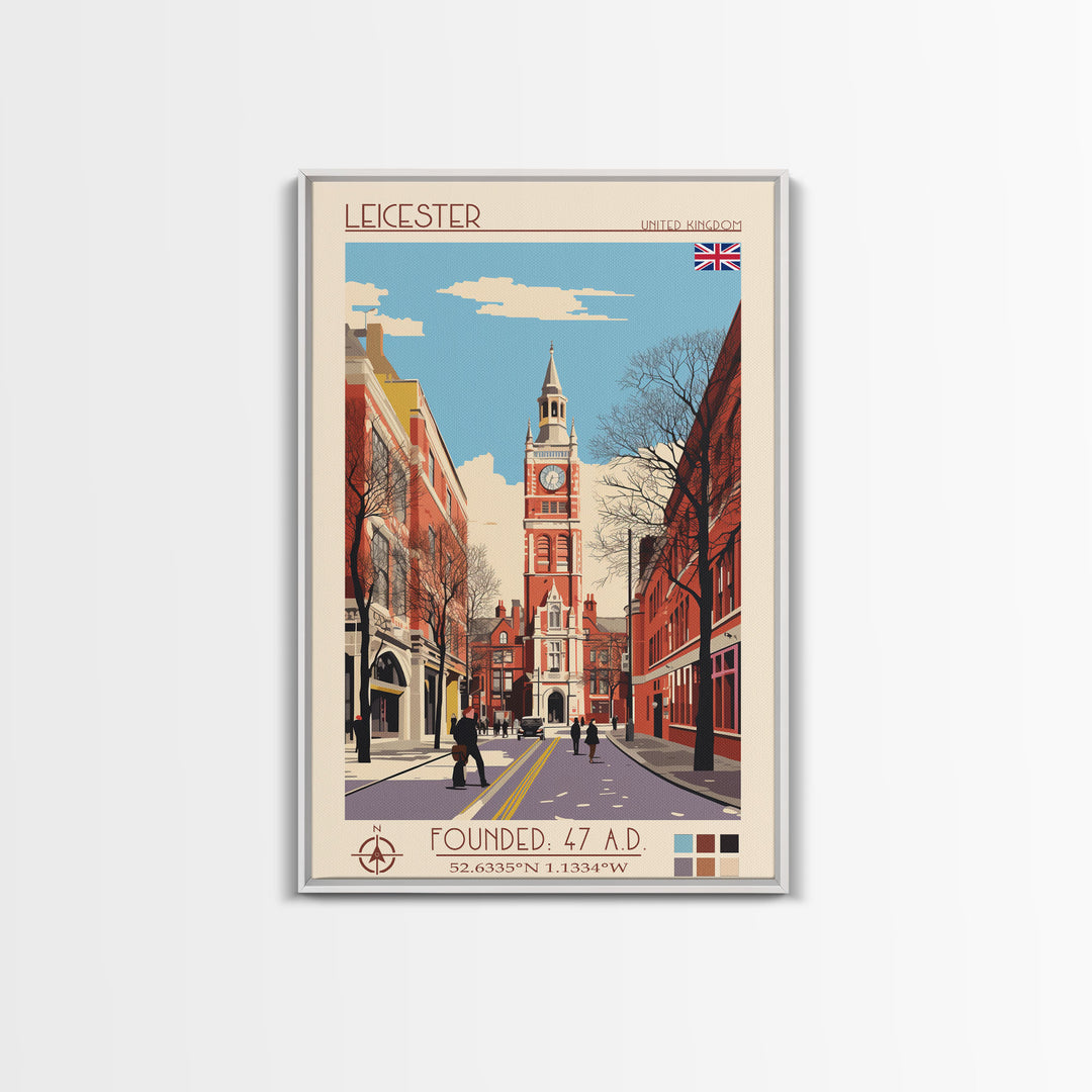 Leicester United Kingdom Travel Poster Framed Canvas Print, Midcentury Modern Art, Pop Art Wall Decor, Home Decor, Vacation Gift, Office Art