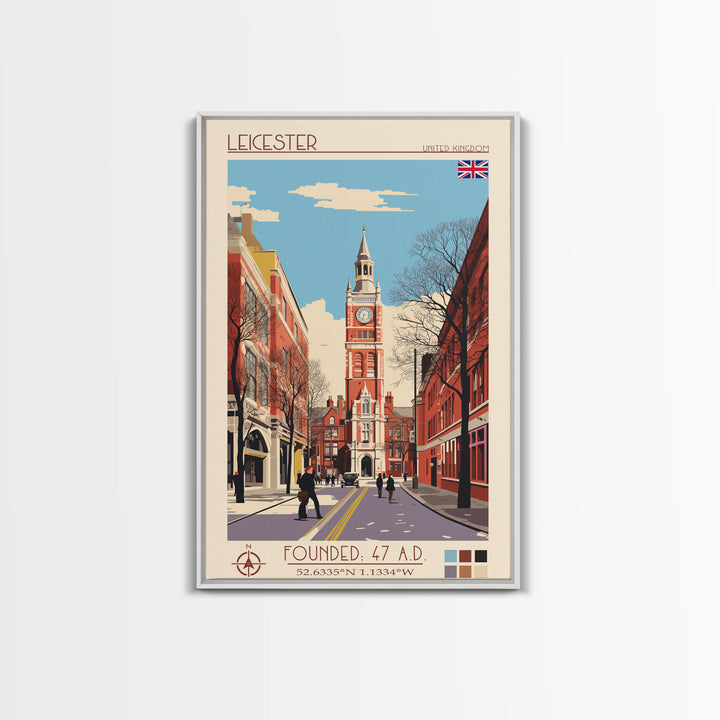 Leicester United Kingdom Travel Poster Framed Canvas Print, Midcentury Modern Art, Pop Art Wall Decor, Home Decor, Vacation Gift, Office Art