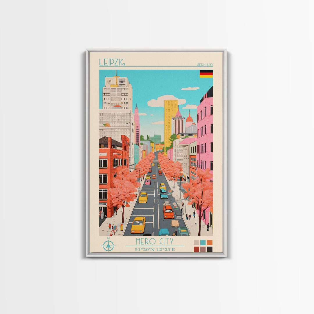 Leipzig Germany Travel Poster Framed Canvas Print, Midcentury Modern Art, Pop Art Wall Decor, Scenic Living Room Art, Bedroom Gift