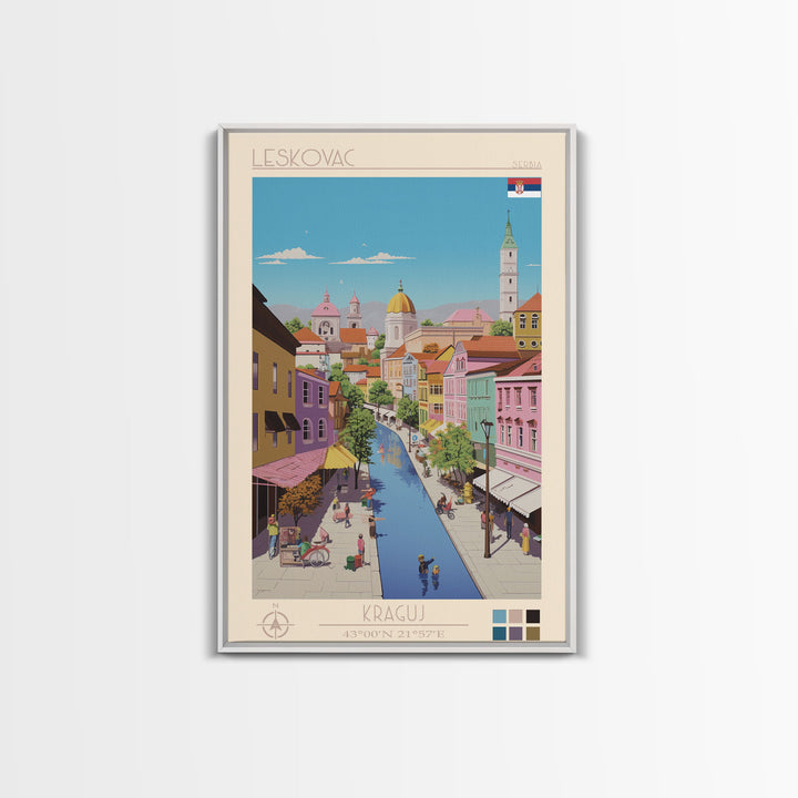 Leskovac Serbia Travel Poster Framed Canvas Print, Midcentury Modern Art, Pop Art Wall Decor, Scenic Wall Art, Living Room Decoration, Office Art