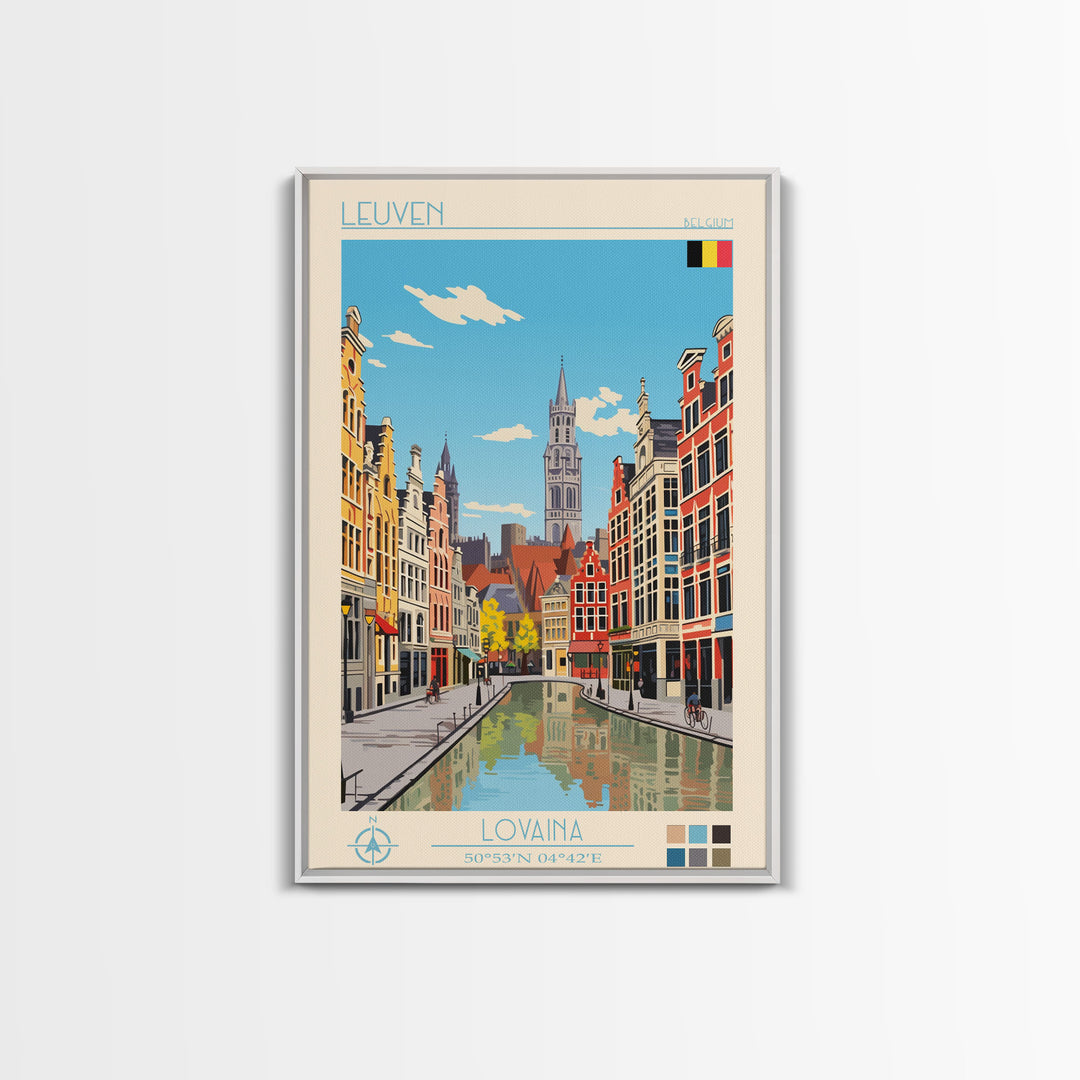 Leuven Belgium Travel Poster Framed Canvas Print, Midcentury Modern Art, Pop Art Wall Decor, Home Decor, Vacation Gift, Bedroom Art