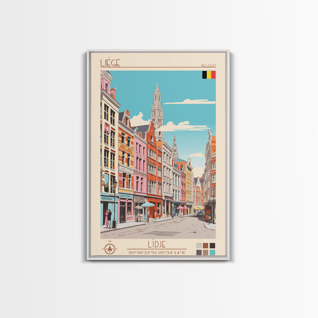 Liège Belgium Travel Poster Framed Canvas Print, Midcentury Modern Art, Pop Art Wall Decor, Scenic Art, Home and Office Decoration