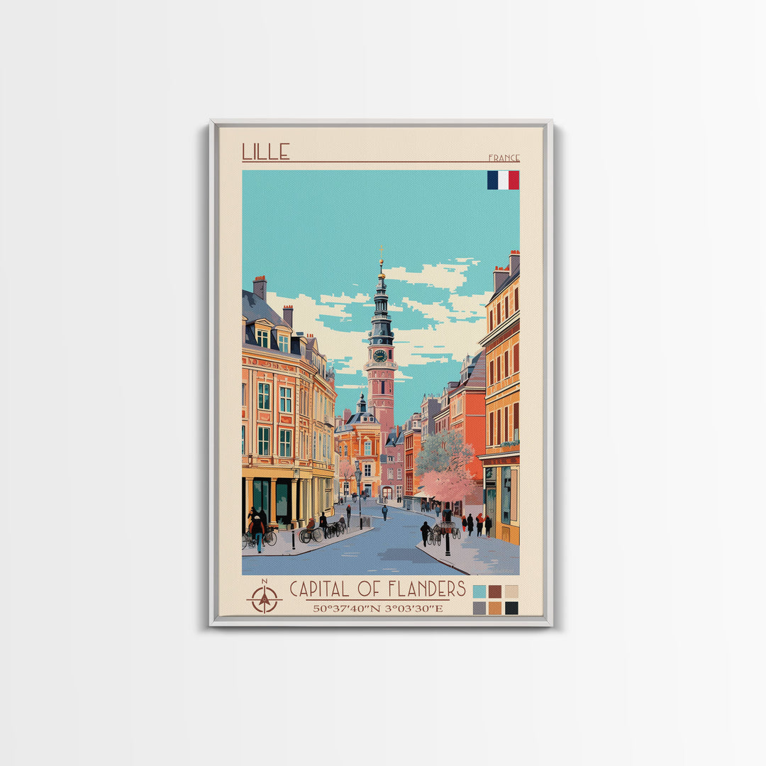 Lille France Travel Poster Framed Canvas Print, Midcentury Modern Art, Pop Art Wall Decor, Scenic Wall Art, Bedroom Decoration, Office Art